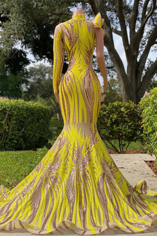 Yellow Long Sleeves Prom Dress Mermaid Sequins