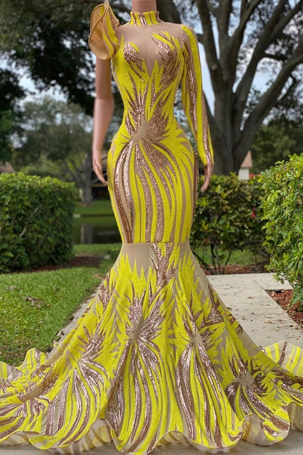 Yellow Long Sleeves Prom Dress Mermaid Sequins