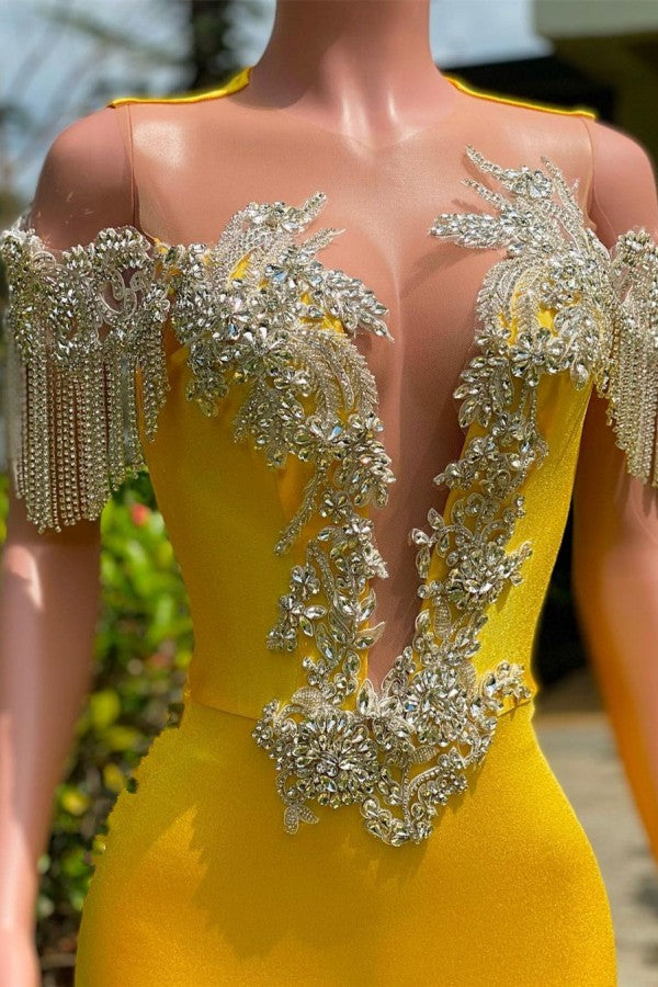 Yellow Off-the-Shoulder Prom Dress Mermaid With Appliques Tassels