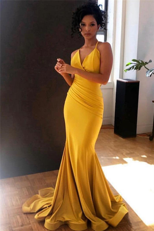 Yellow V-Neck Mermaid Prom Dress Sleeveless