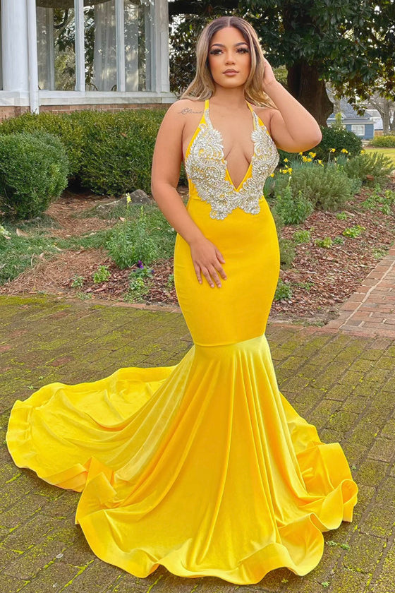 Yellow V-Neck Prom Dress Mermaid Sleeveless With Appliques