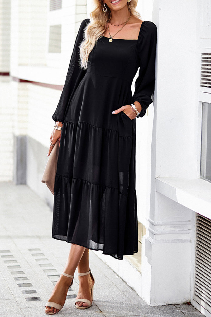 Celebrities Elegant Solid Patchwork Square Collar A Line Dresses