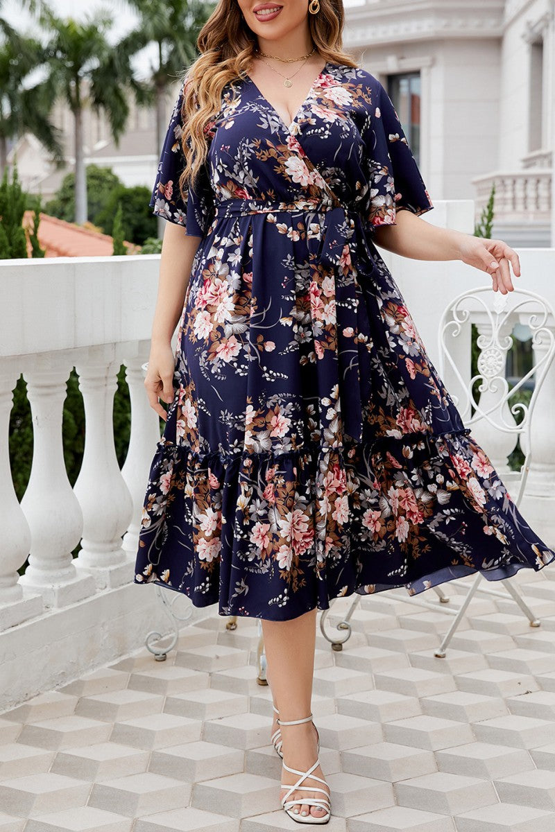 Casual Print Frenulum V Neck A Line Plus Size Dresses