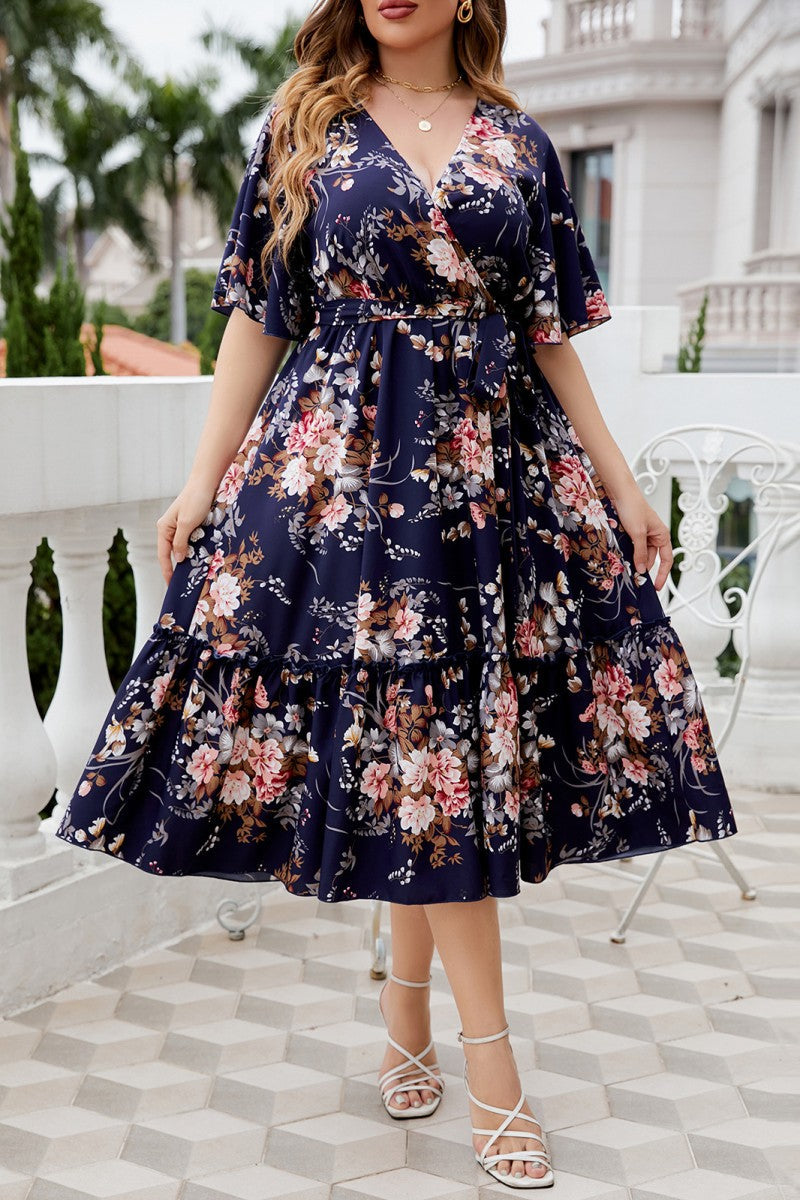 Casual Print Frenulum V Neck A Line Plus Size Dresses