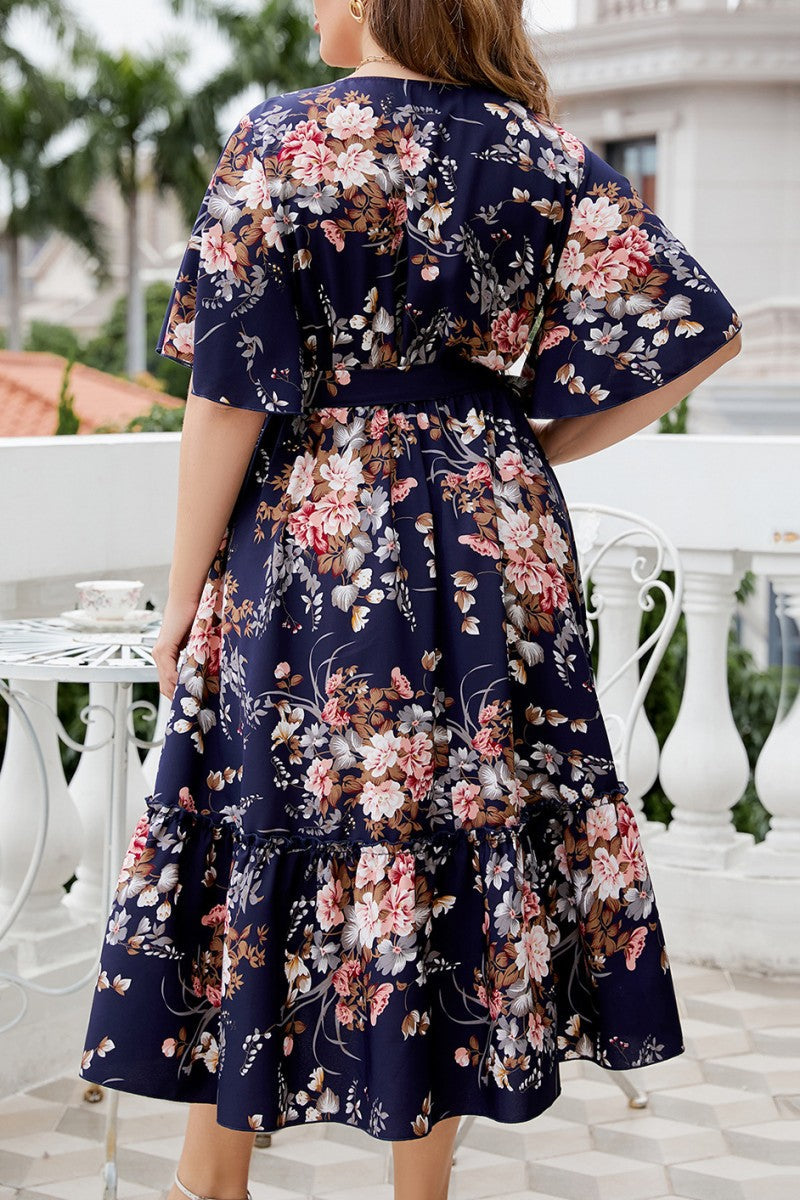 Casual Print Frenulum V Neck A Line Plus Size Dresses