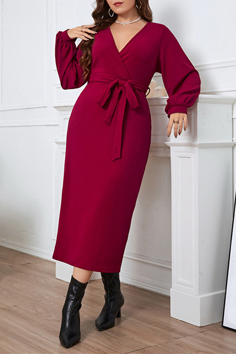 Elegant Solid Bandage V Neck A Line Plus Size Dresses