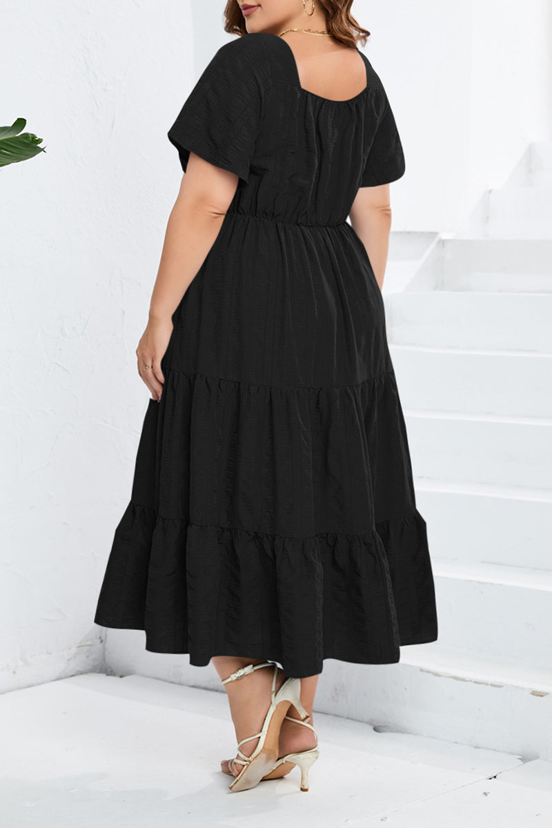 Sweet Elegant Solid Pocket Frenulum V Neck A Line Plus Size Dresses