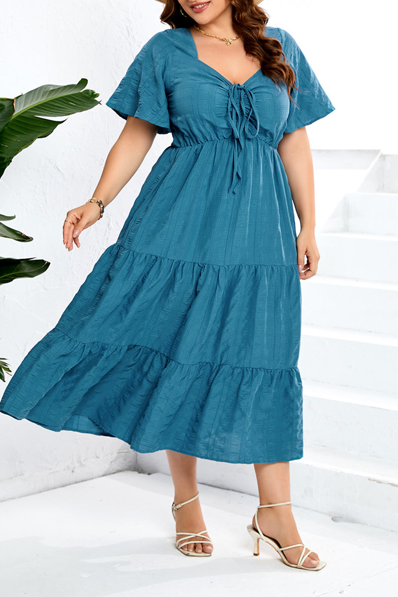 Sweet Elegant Solid Pocket Frenulum V Neck A Line Plus Size Dresses