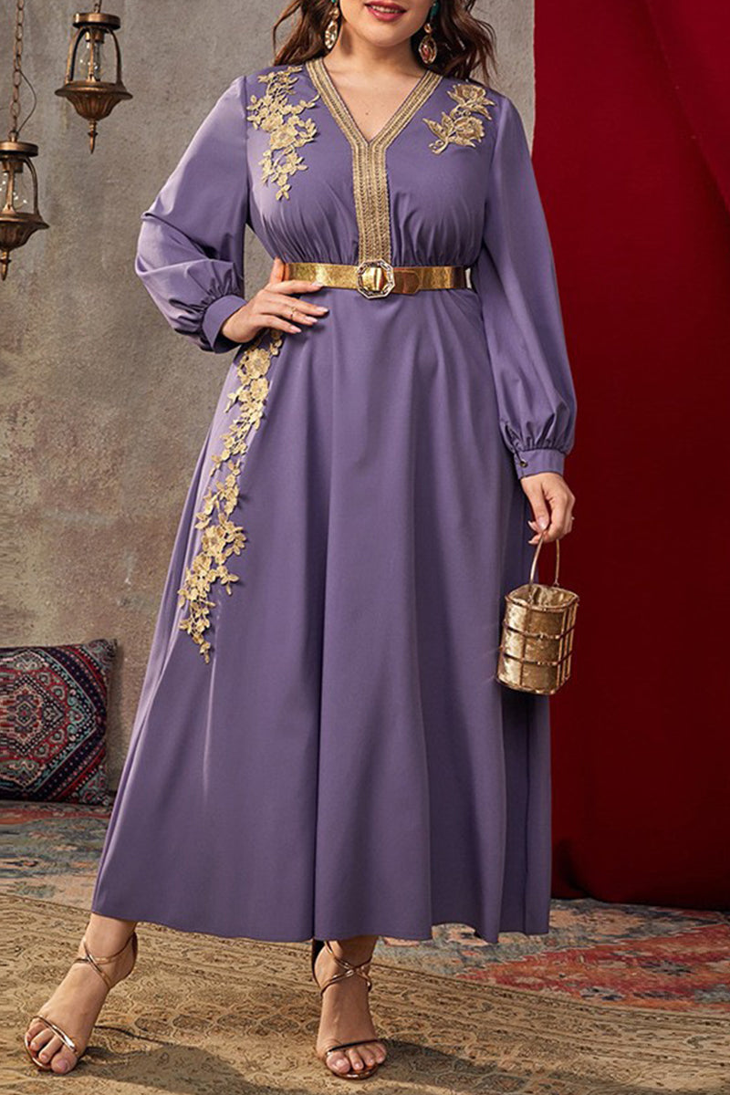 Elegant Solid Patchwork V Neck A Line Plus Size Dresses