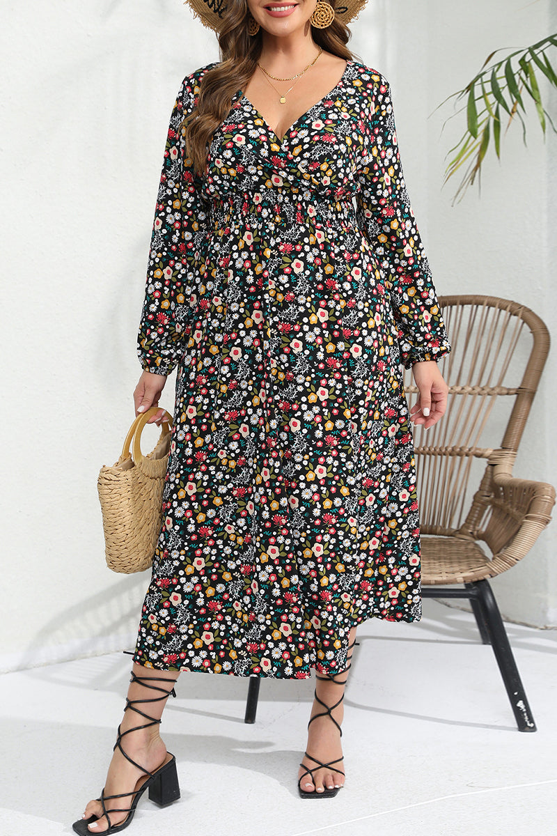 Elegant Floral Patchwork V Neck A Line Plus Size Dresses