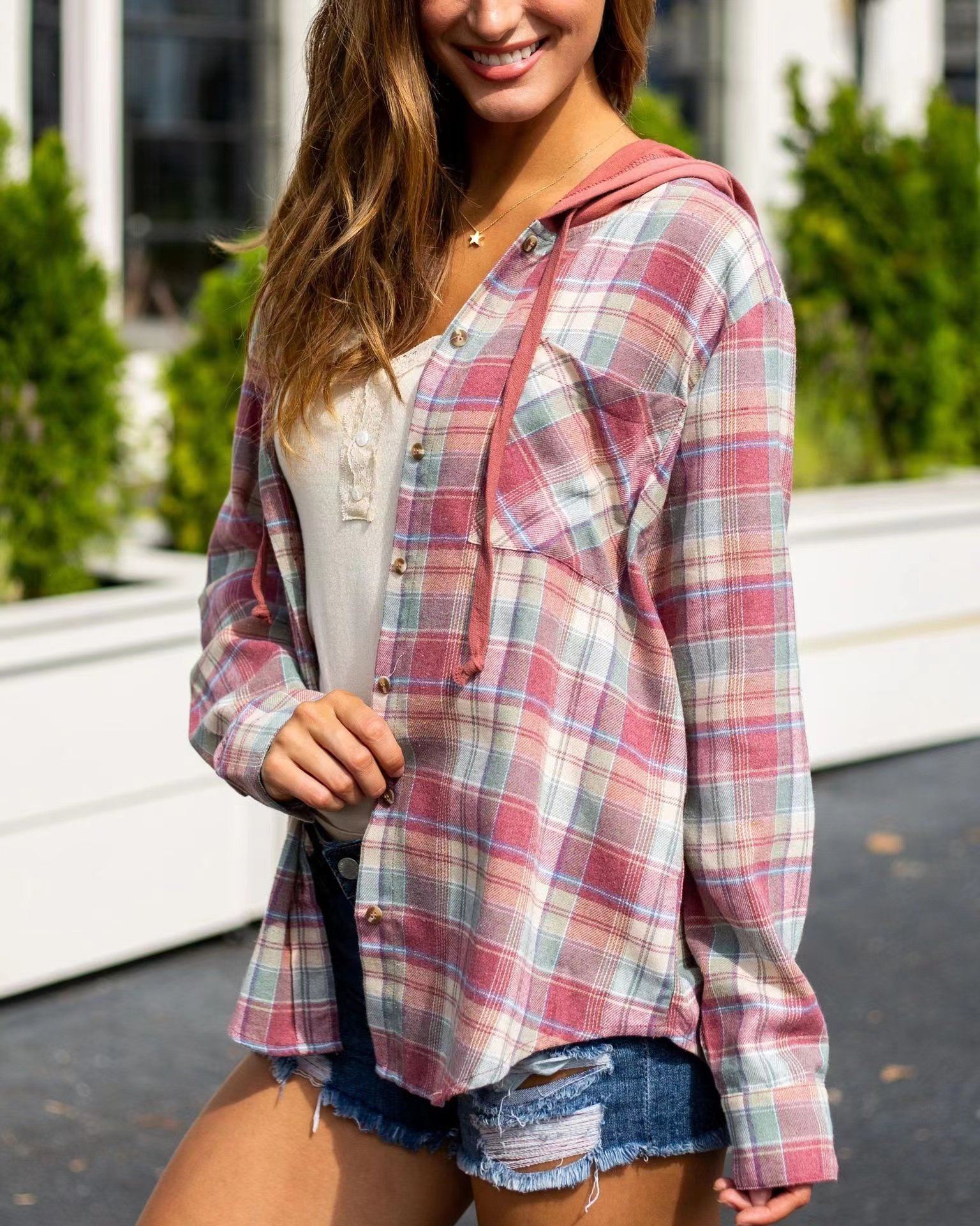 Checkered Hoodie Button-Up Top