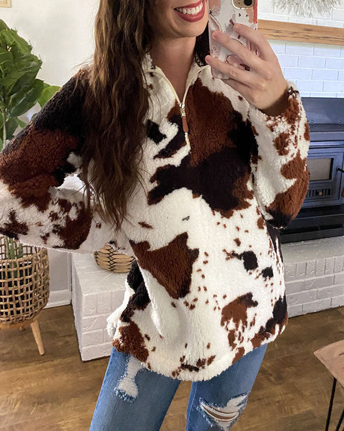 Cow print polar fleece zipper sweatshirt