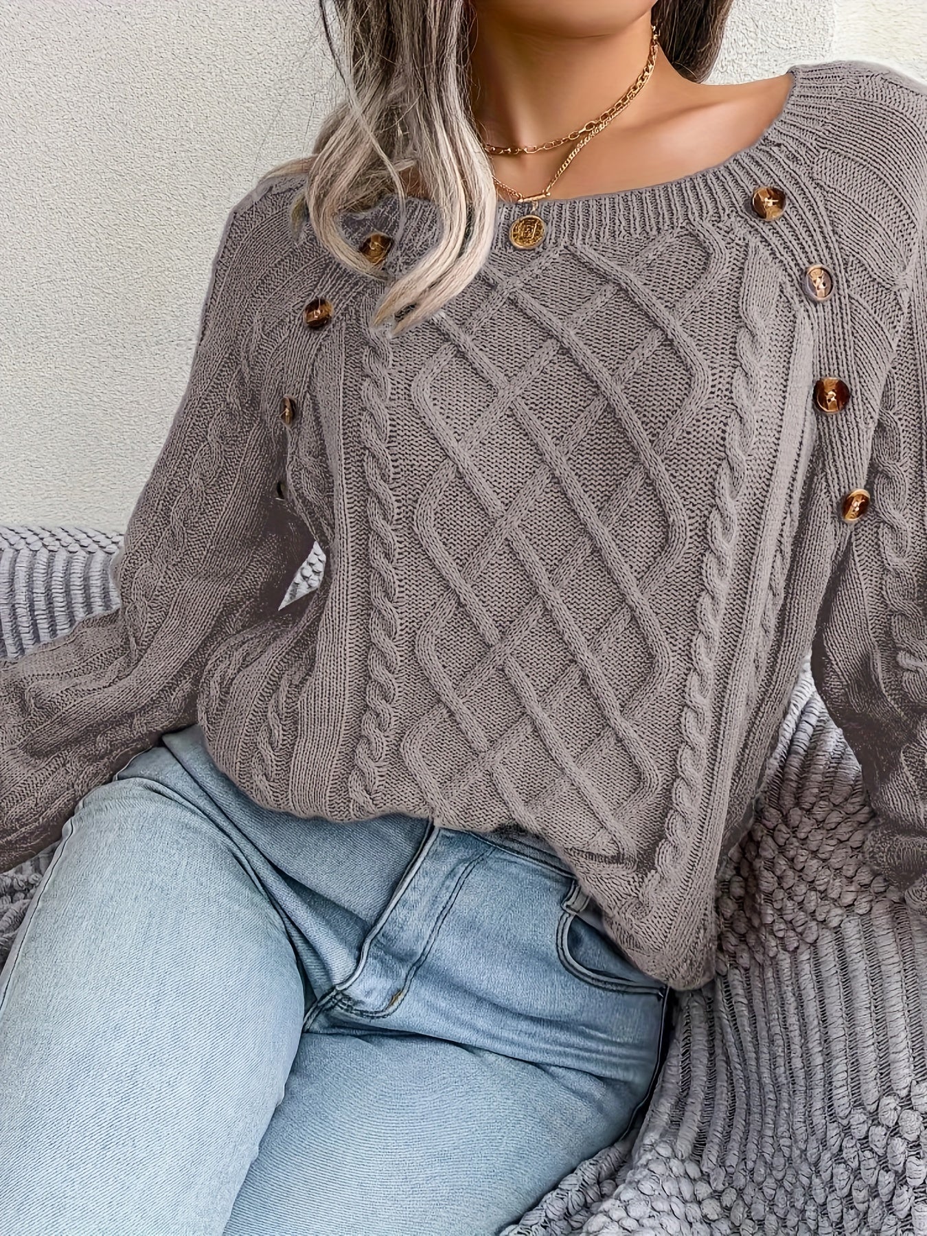 Crew Neck Button decoration Cable Knit Sweater