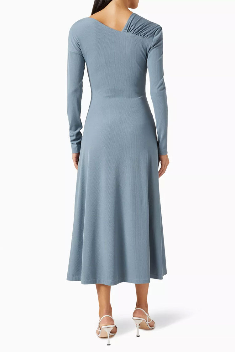 Asymmetrical Long Sleeve Ruched Detail Gradient Ribbed Jersey Midi Dress - Dusty Blue