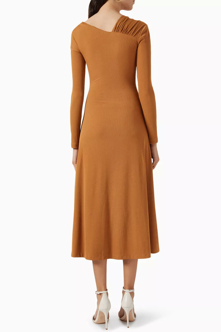 Asymmetrical Long Sleeve Ruched Detail Gradient Ribbed Jersey Midi Dress - Khaki