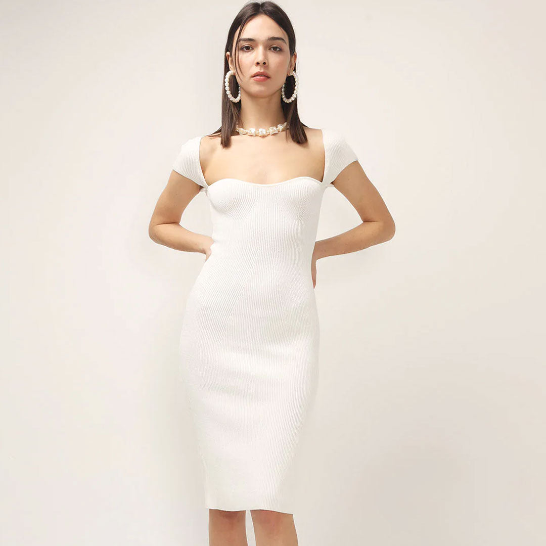 Elegant Sweetheart Neck Cap Sleeve Ribbed Knit Bodycon Midi Dress - White