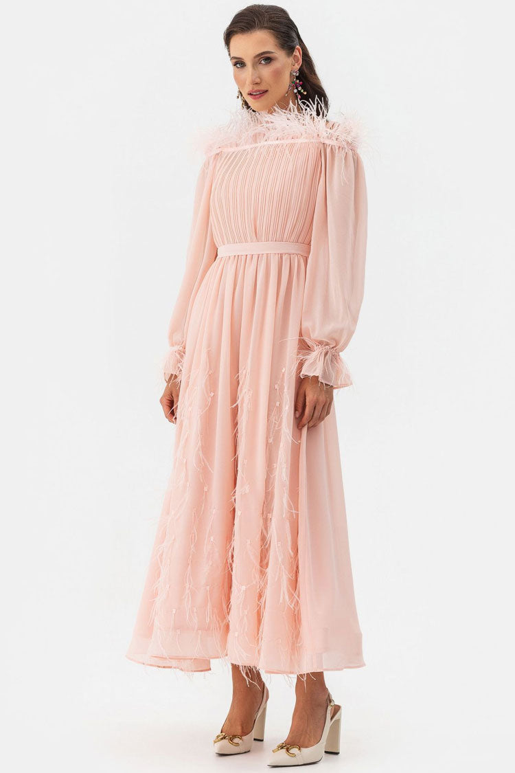 Fairytale Feather Trim Off Shoulder Pleated Chiffon Evening Maxi Dress - Pink